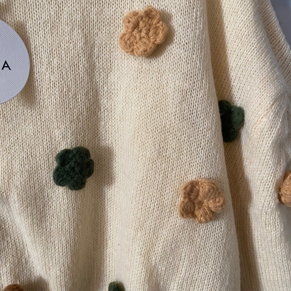 Storia Anthropologie Cream Knit Sweater Flower Applique Balloon Sleeve Women Sm - Picture 4 of 4
